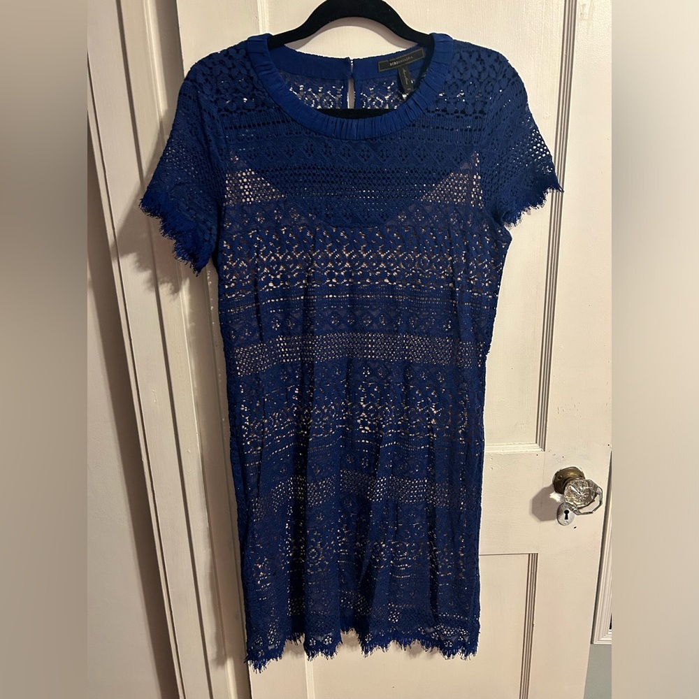 BCBG Blue See Through Dress With Optional Tie and Inside Liner Size 6